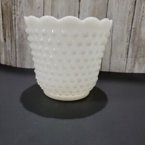 VTG Fire King Oven Ware Milk Glass Hobnail Scalloped White Vase Planter 5.5"